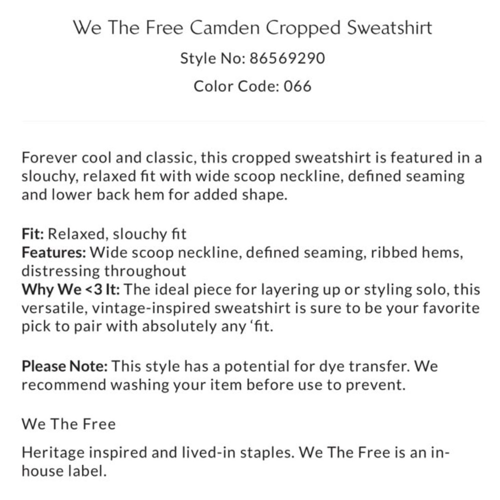 NWT We the Free Camden Cropped Sweatshirt - Picture 4 of 4